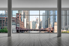 Downtown Chicago City Skyline Buildings From Window. Beautiful Expensive Real Estate. Epmty Office Room Interior Skyscrapers, River Walk, Bridge, Waterfront View. Cityscape. Day Time. 3d Rendering.