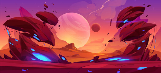 Wall Mural - fantastic landscape of alien planet with rocks, flying stones and glowing blue spots. vector cartoon
