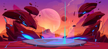 Fantastic Landscape Of Alien Planet With Game Battle Podium, Rocks, Flying Stones And Glowing Blue Spots. Vector Cartoon Fantasy Illustration Of Space Planet Surface Panorama, Game Background