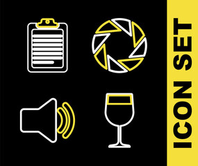 Poster - Set line Camera shutter, Wine glass, Speaker volume and Clipboard with document icon. Vector