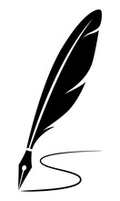Silhouette Quill  Writing Curves, Black Feather Pen On A White Background.