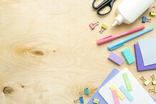 Flat Lay Of Various Stationery For School And Office On Wooden Background, Copyspace