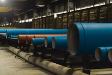 Group Of Blue Metal Pipes For Water In Metallurgical Factory Warehouse.