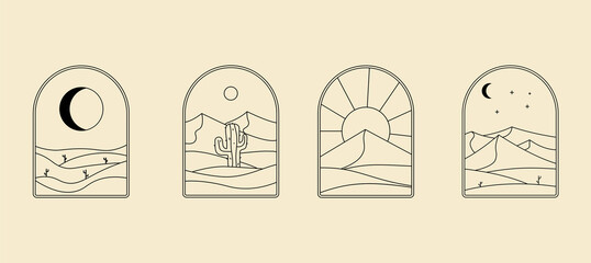 Poster - set landscape desert badge logo line art minimalist vector icon symbol graphic design illustration