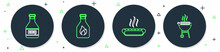 Set Line Ketchup Bottle, Hotdog Sandwich, And Barbecue Grilled Shish Kebab Icon. Vector