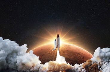 Fototapete - Amazing spacecraft with blastoff and cloud of smoke successfully take off and explore space with red planet mars in sunrise rays. Space shuttle flies into starry sky to Mars. Start Up concept