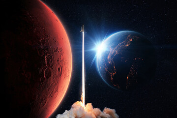 Fototapete - New space shuttle rocket with smoke and blast successfully takes off into space with red planet Mars and blue planet Earth with sun beams. Successful launch of the spacecraft and space exploration.
