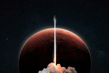 Fototapete - New space shuttle rocket with a blast takes off into space against the background of the red planet Mars and explores space. Concept of technology and travel to other planets. Spaceship lift off