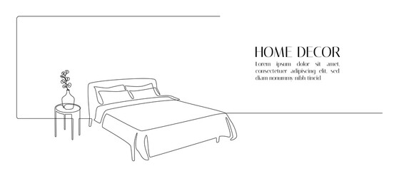 Aufkleber - Continuous one line drawing of double bed and table with vase and plant. Scandinavian stylish furniture for cozy loft bedroom in simple linear style. Editable stroke. Doodle vector illustration
