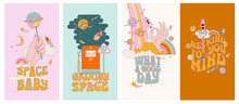 Collection Of Vertical Background For Instagram Stories. Retro Hippie Space And Pop Art Elements. Trendy Illustration. Editable Vector
