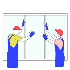 Poster - Builders install a window in the house line art on white isolated background