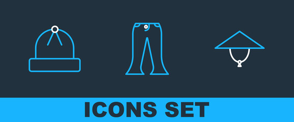 Sticker - Set line Asian conical hat, Winter and Pants icon. Vector