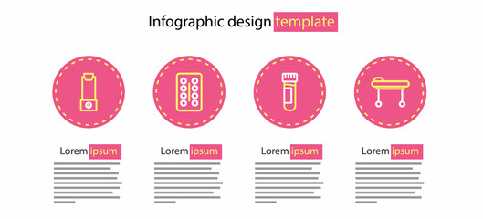 Sticker - Set line Test tube with blood, Stretcher, Pills in blister pack and Inhaler icon. Vector