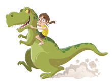 Little Girl Illustration With Tyrannosaurus Rex