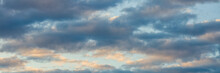 Beautiful Sky Background With Clouds. Scenic Cloudscape. Wide Panoramic Background For Design.