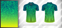 Vector Sport Pattern Design Template For Polo T-shirt Front And Back View Mockup. Green-yellow Color Gradient Abstract Art Texture Background Illustration.