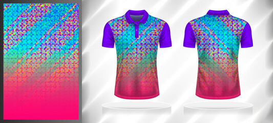 Vector sport pattern design template for Polo T-shirt front and back view mockup. Purple-blue sky-pink color gradient abstract grid plaid texture background illustration.