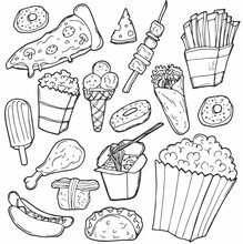 Fast Food Doodle. Icons Hand Drawn. Vector Clip Art. Sketch Famous Food. Restaurant Menu.
