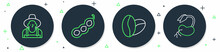 Set Line Green Peas, Coffee Beans, Farmer In The Hat And Sprout Icon. Vector