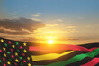 Alternative Juneteenth Flag with sunrise or sunset. Since 1865. Design of Banner with place for text. 3d-rendering.