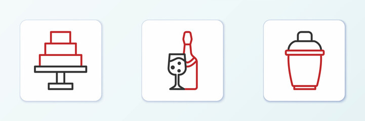 Poster - Set line Cocktail shaker, Cake and Champagne bottle icon. Vector