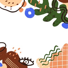 Fototapete - Modern square card background with trendy creative elements, leaf, eye, grid. Minimalistic post design with random doodle shapes, strokes, blobs, waves. Colored flat graphic vector illustration
