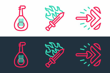 Sticker - Set line Magic arrow, Lute and Sword for game icon. Vector