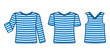Set of striped sailor t-shirt isolated on white background. Sea striped shirt with long, short sleeves and sleeveless in light white blue colors. Sea travel element. Marine object. Vector illustration
