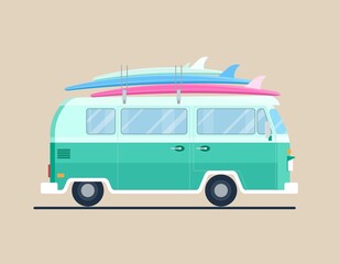 Wall Mural - Retro vintage travelling van wit surfboards on the roof. Camping, road trip, summer concept. Flat vector illustration