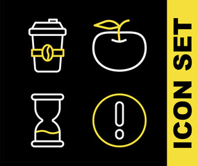 Poster - Set line Apple, Speech bubble and Exclamation, Old hourglass and Coffee cup to go icon. Vector