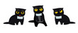 Cats silhouette vector set black cat in a jabot. Cute kitten with different emotions. Angry, skeptical, happy. Funny cat breaking things comic illustration, cartoon vector drawing.