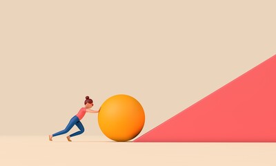 Wall Mural - Female character pushing a large ball up a steep hill. Business determination concept. 3D Rendering