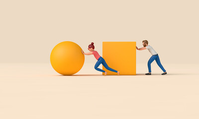 Wall Mural - Efficient business. Person pushes a ball instead of a cube. 3D Rendering