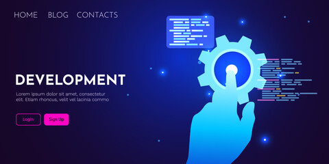 Wall Mural - web development, coding and programming futuristic banner. hand touching computer code
