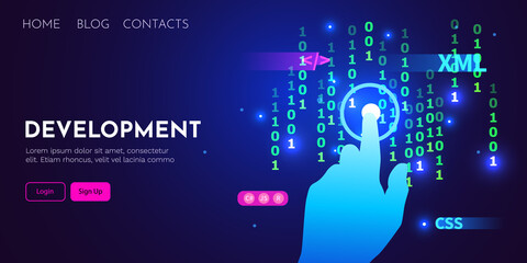 Wall Mural - web development, coding and programming futuristic banner. hand touching computer code