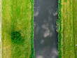 równoległe linie brzegowe kanału lub rzeki z trawnikiem i drzewem widziane z góry