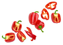 Flying Red Sweet Bell Peppers Isolated On White Background. Clipping Path