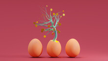Green Tree Grow Out Of Egg. Result Is Gold Coin On Red Background. Designed In Pop-art Tones. Minimal Idea Concept. 3D Render.