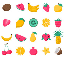 Wall Mural - A set of bright tropical summer fruits and berries. Strawberries, coconut, pineapple, bananas, raspberries, cherries. Vector illustrations in a flat cartoon style isolated on a white background.