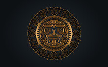 Sacred Mayan Sun God, Aztec Wheel Calendar, Maya Symbols Ethnic Mask In Gold Color. Golden Round Frame Border Old Logo Icon Vector Illustration Isolated On Black Background 