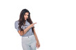 © Michael Rekochinsky - Beautiful smiling happy brunnet сaucasian young girl in white pants and striped shirt pointing right with her finger isolated on white background