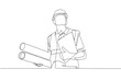 © Natvc - Single continuous line drawing of young male architect holding blueprint paper pose cross arms. Professional work job occupation. Minimalism concept one line draw graphic design vector illustration