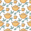 © Татьяна Клименкова - Tea time vector seamless pattern. Teapots cups with tea and tea leaves background. Nature print for textile, paper and design
