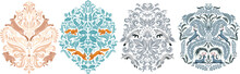 Compositions Of Ornaments In The Damascus Style With Animals And Plants. Squirrels, Foxes, Deer, Hares. A Modern Interpretation Of The Luxurious Damask Ornament. Design For T-shirts, Postcards, Logos.