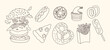 Various fast food. Vector hand drawn illustration. All elements are isolated.