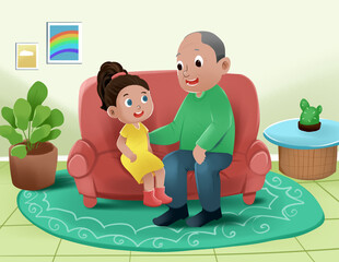 illustration of grandfather and girl talking in living room