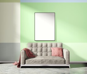 Wall Mural - Vertical frame template on the green wall. Interior with couch and wooden floor. 3D rendering