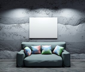 Wall Mural - Empty poster template above couch. Night scene interior. 3D rendering