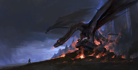 Wall Mural - Fight the fire-breathing dragon alone, 3D illustration.