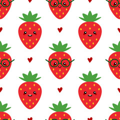 Wall Mural - Cute smiling red strawberry characters and red hearts vector seamless pattern background.
